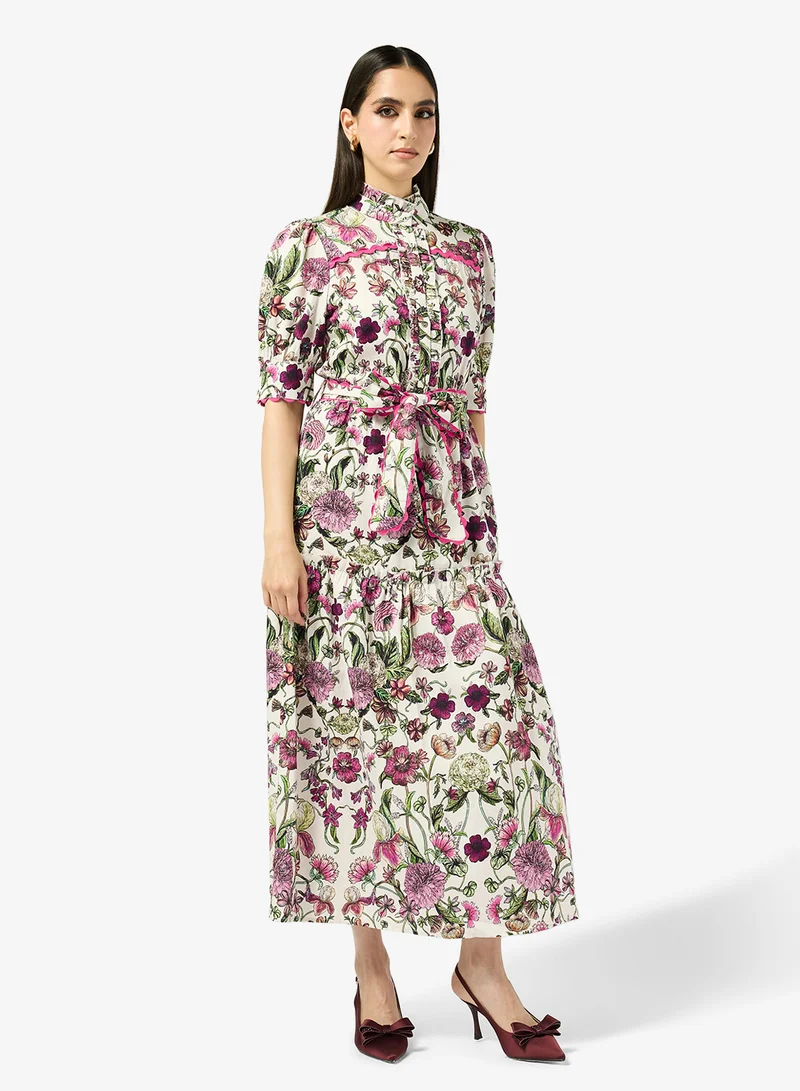 Hope & Ivy Button Front Midi Dress With Tiered Skirt And Tie Waist
